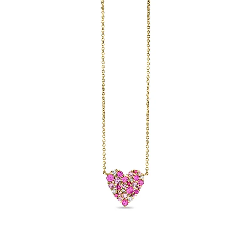 Emerald necklace for women-Gold & Diamond Pink Sapphire Small Cocktail Heart Necklace