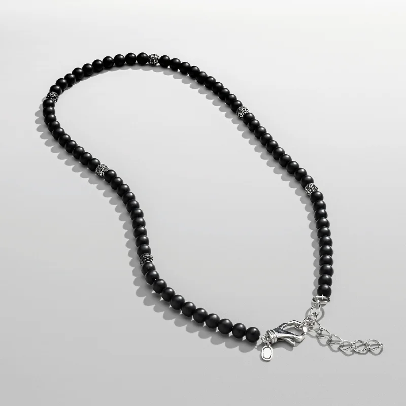 Matching necklace and earrings for women-Matte Onyx Beaded Necklace (Silver)