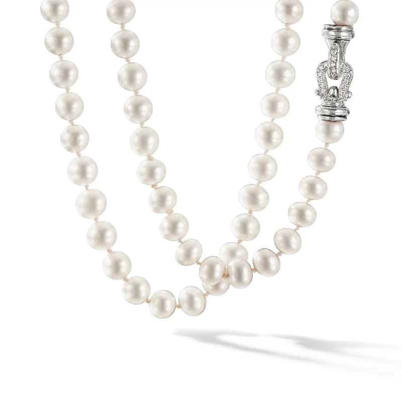 Classic pearl necklace for women-Pearl Strand Necklace in Sterling Silver with Pearls and Diamonds