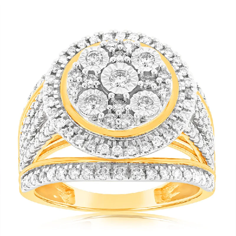 Platinum solitaire engagement ring for women-9ct Yellow Gold 1 Carat Diamond Round Cushion Shape Cluster Dress Ring