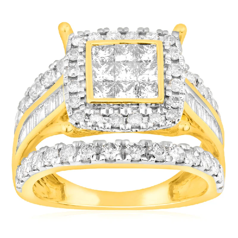 Wedding engagement ring for women-9ct Yellow Gold 2 Carat Diamond Cushion Shape Cluster Ring