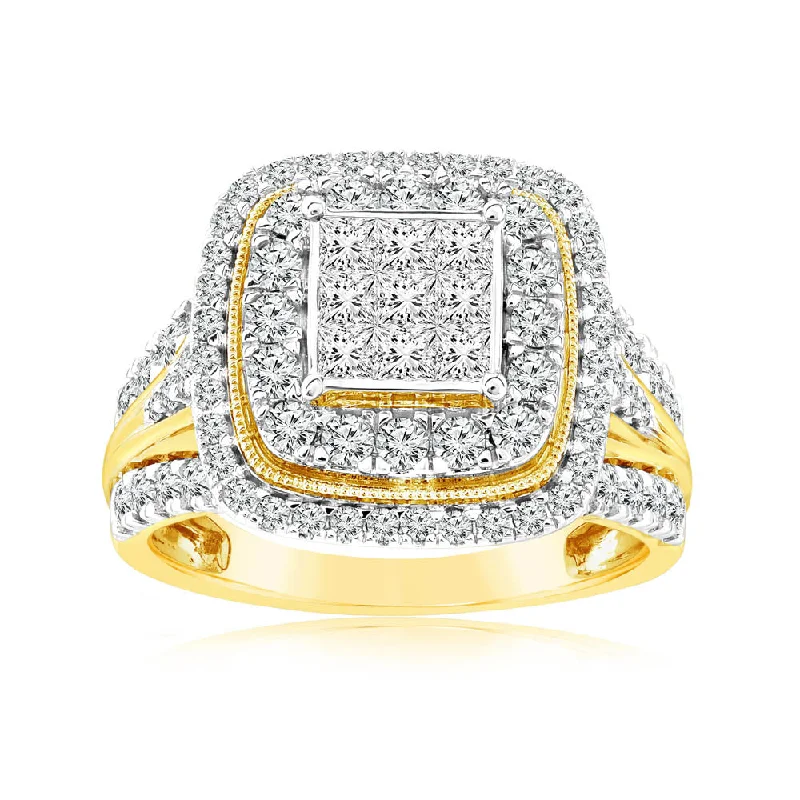 Platinum engagement ring with diamonds for women-1.40 Carat Diamond Cushion Cluster Ring in 14ct Yellow Gold