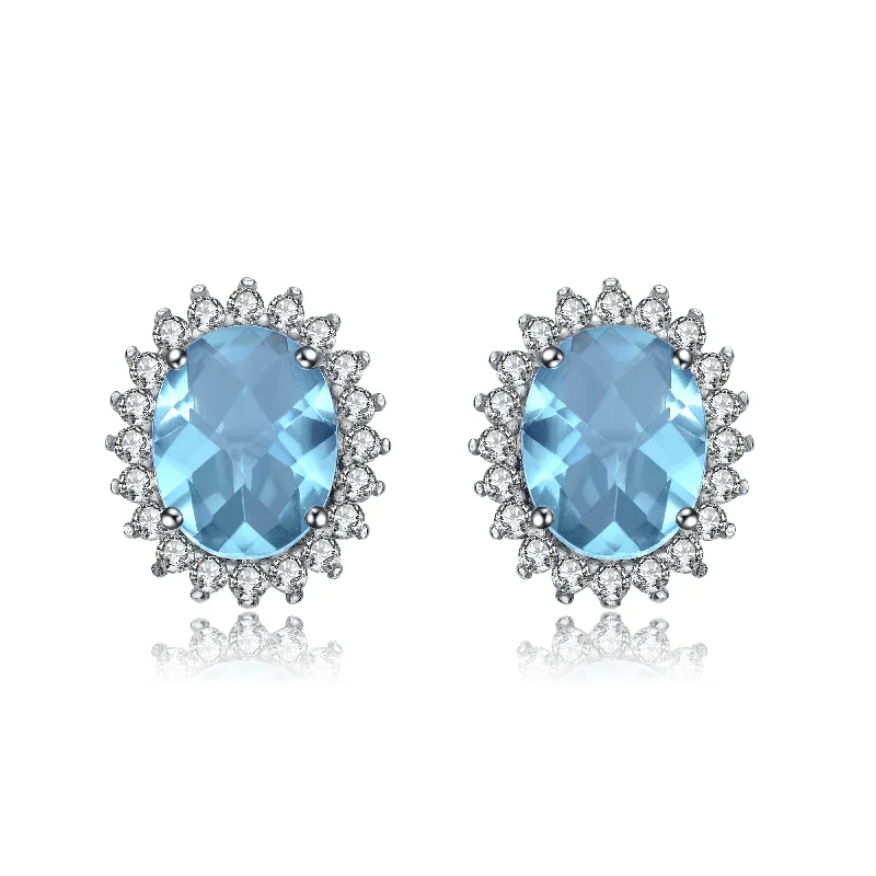 Large drop earrings for women-Sterling Silver Oval Ice Blue Cubic Zirconia Solitaire with Halo Burst Last Pair Earrings