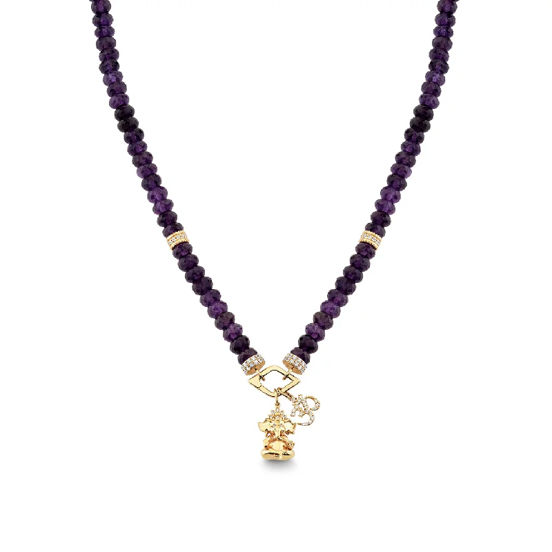 Heart diamond necklace for women-Gold & Diamond Ganesha & Om Amethyst Beaded Necklace