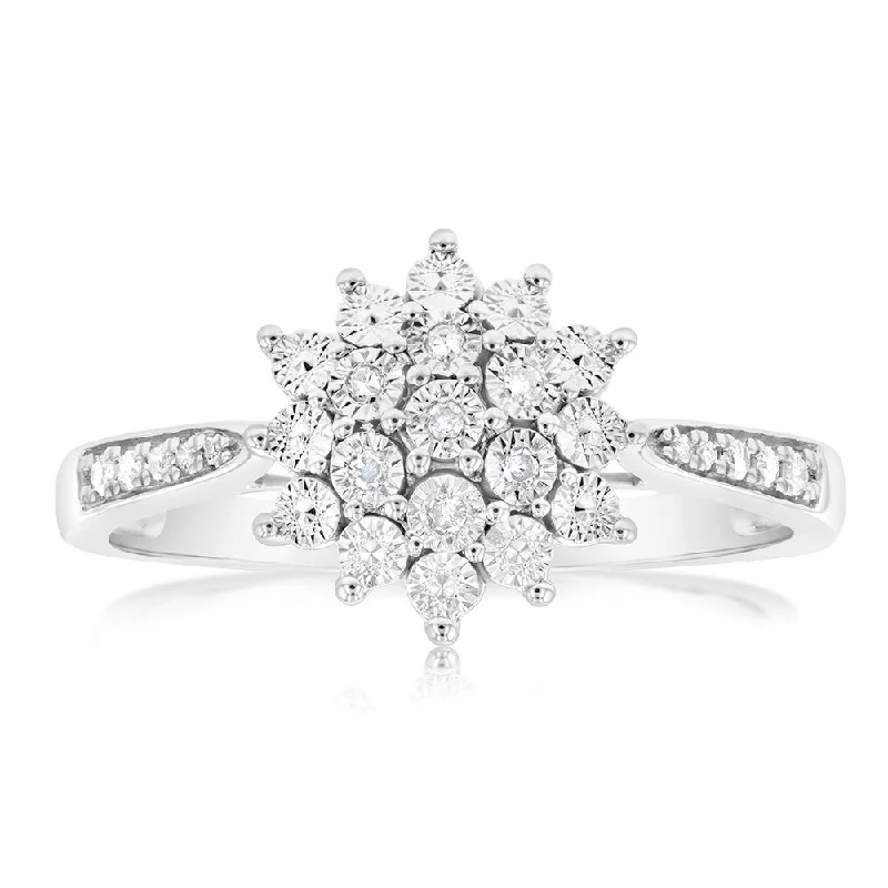 Art deco engagement ring for women-Sterling Silver Diamond Cluster Ring