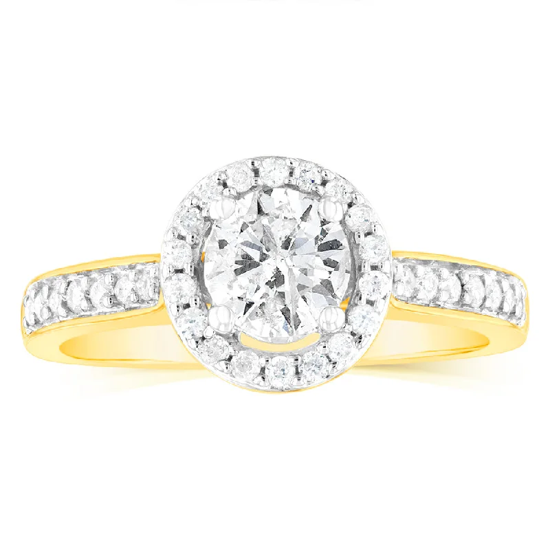 White gold engagement ring for women-14ct Yellow Gold 1 Carat Brilliant Cut Diamond Halo Solitaire Ring with Diamonds on Shank