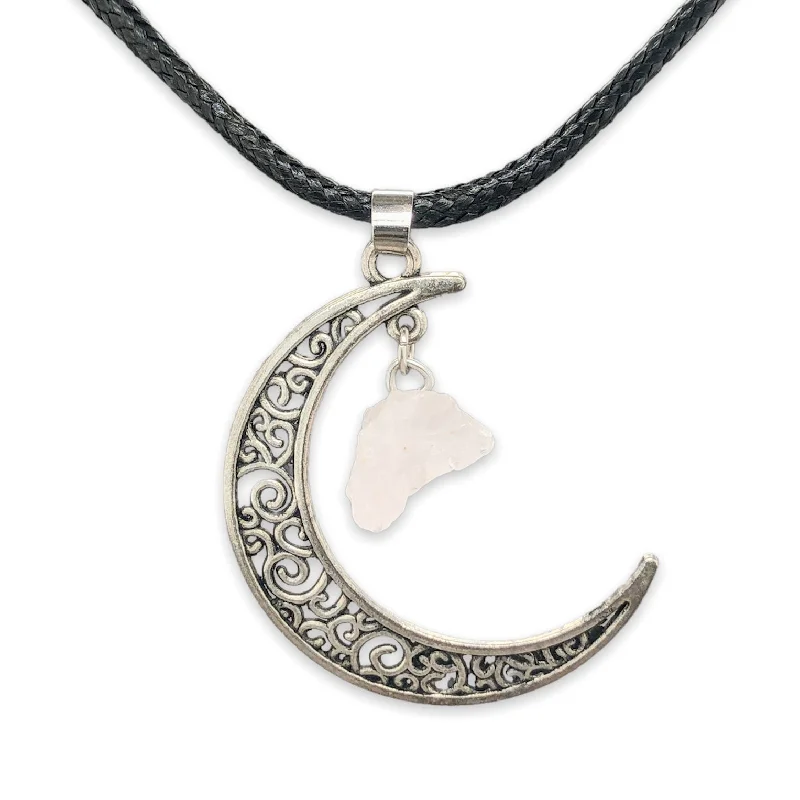 Diamond chain necklace for women-Silver Plate Rose Quartz & Black Leather Moon Necklace