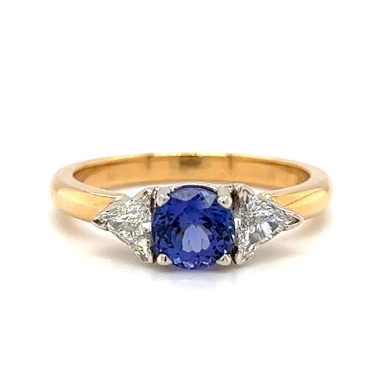 Affordable gold engagement ring for women-Pre-Owned 18k Yellow Gold/Platinum Tanzanite & Diamond Three Stone Ring