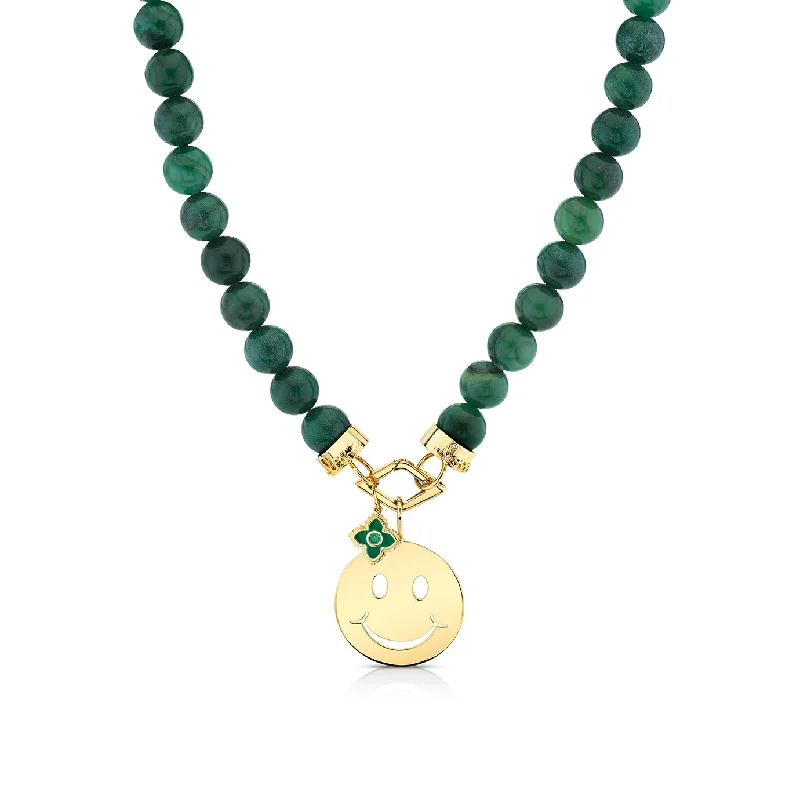 Modern necklace for women-Pure Gold Happy Face Emerald Moroccan Flower Verdite Necklace