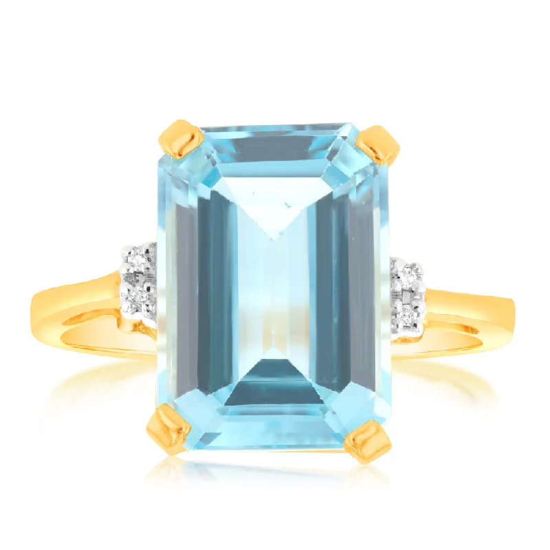 Custom-designed engagement ring for women-Natural Emerald Cut 14x10mm Blue Topaz & Small Diamonds in 9ct Yellow Gold