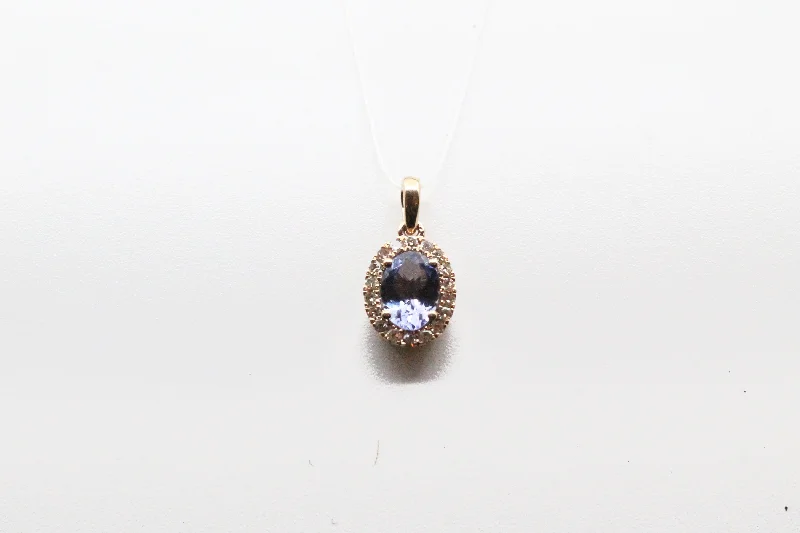 Necklace with initials for women-Yellow Gold Tanzanite with Diamond Halo Pendant