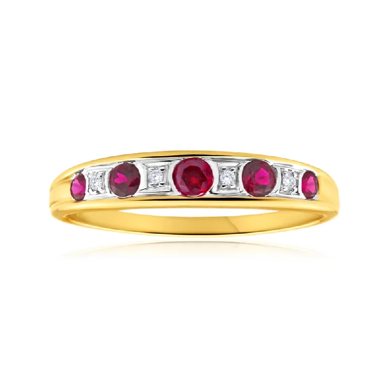 Art deco engagement ring for women-9ct Yellow Gold 5 Created Ruby and Diamond Graduated Ring