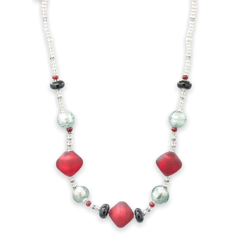 Modern necklace for women-STST Red, Blue, & Black Murano Glass Bead Necklace