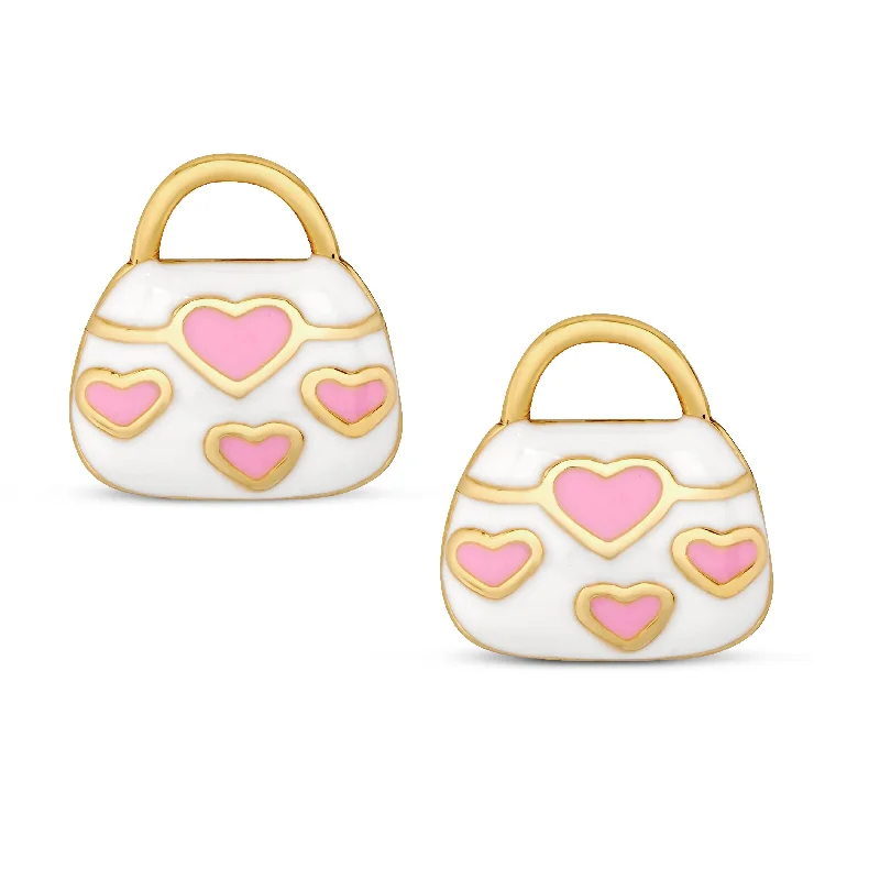 Elegant hoop earrings for women-Pink Hearts Handbag Stud Earrings