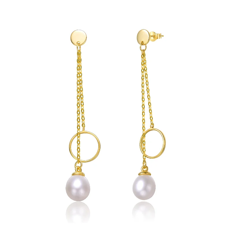 Geometric earrings for women-Delphine Golden Circle Pearl Dainty Chain Dangle Earrings