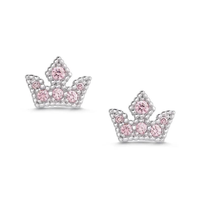 Rose gold earrings for women-Princess Tiara CZ Stud Earrings in Sterling Silver