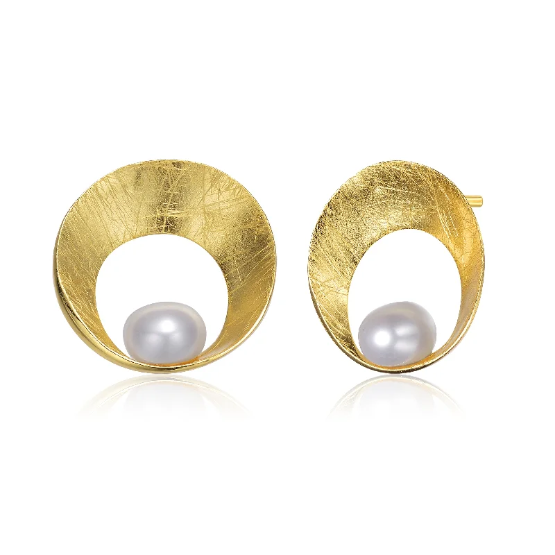 Black diamond earrings for women-Delphine Brushed Sphere Golden Pearl Earrings