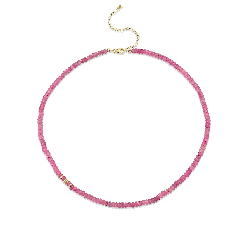 Trendy necklace for women-Gold & Diamond Pink Sapphire Faceted Rondelle Beaded Necklace