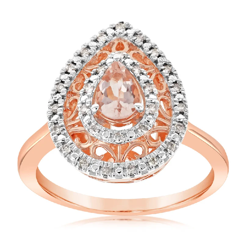 Personalized engagement ring for women-9ct Rose Gold Diamond And Oval Natural Morganite Pear Ring