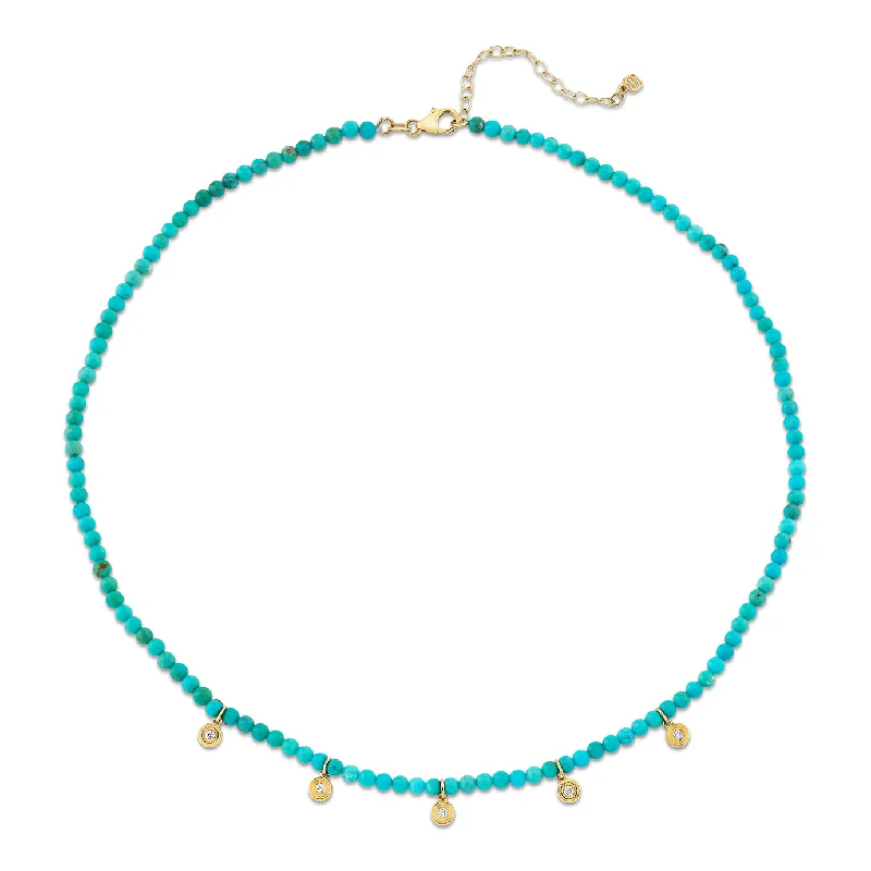 Oval pendant necklace for women-Gold & Diamond Tiny Fluted Charms Turquoise Necklace