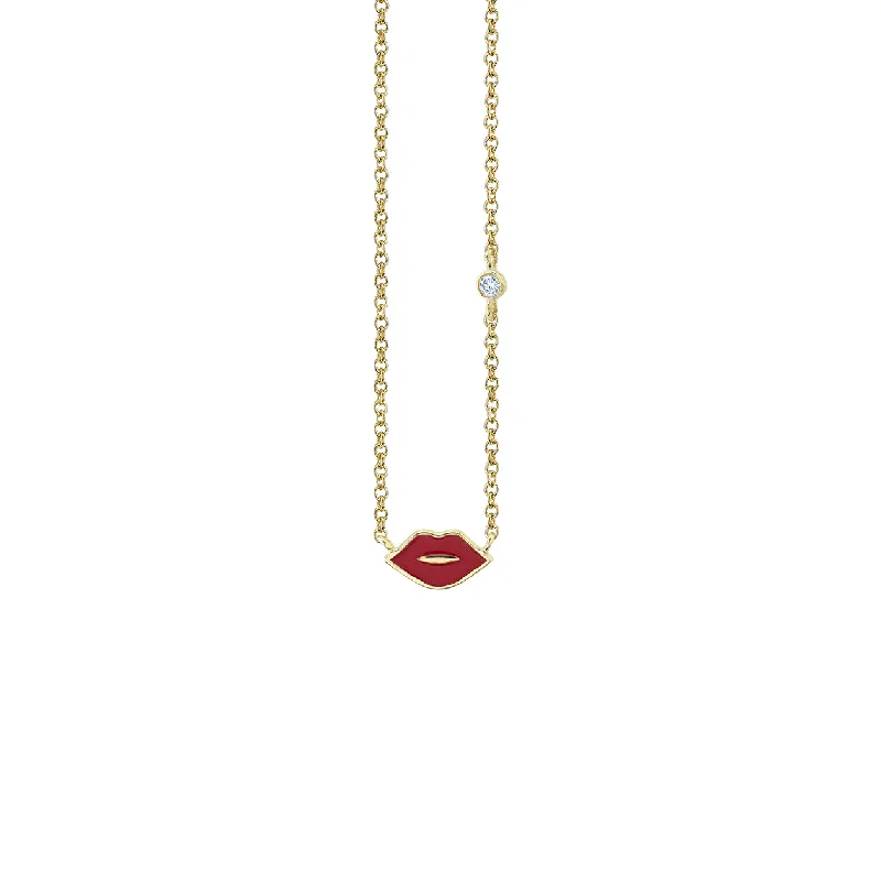 Pearl necklace for women-Gold & Enamel Mini Lips Necklace