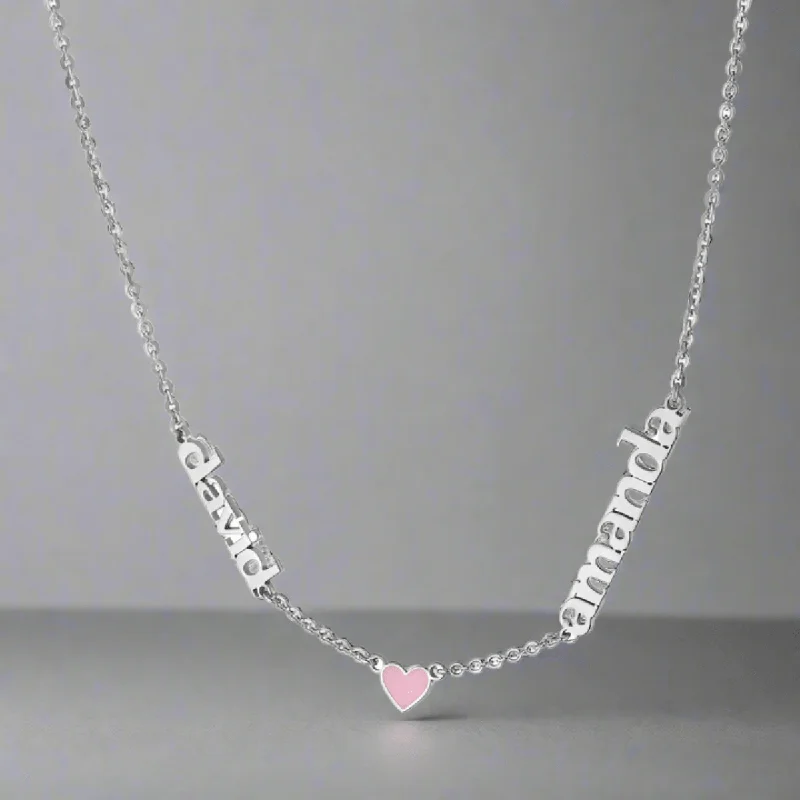 Engagement necklace for women-SS 18" Necklace w 2 Names and Enamel Heart