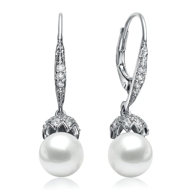 Personalized diamond earrings for women-CZ Sterling Silver Pearl Drop Earrings