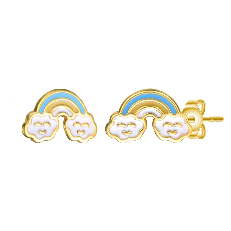 Fancy stud earrings for women-14k Gold Plated Colorful Rainbow Enamel & Friendly Cloud Stud Earrings