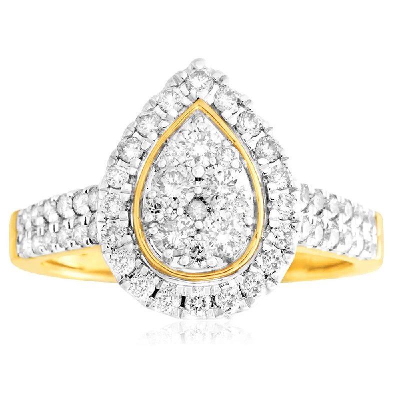 Wedding band engagement ring for women-9ct Yellow Gold 1 Carat Diamond Pear Shape Cluster Ring