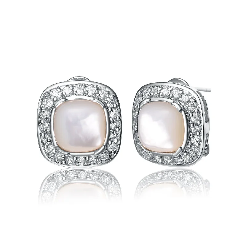 Lightweight earrings for women-Sterling Silver White and Clear Cubic Zirconia Square Button Earrings