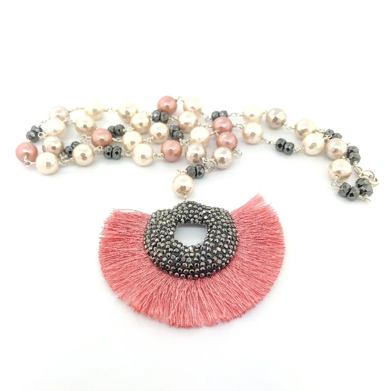 Pearl necklace for women-Sterling Silver Pink Pearl Tassel Necklace