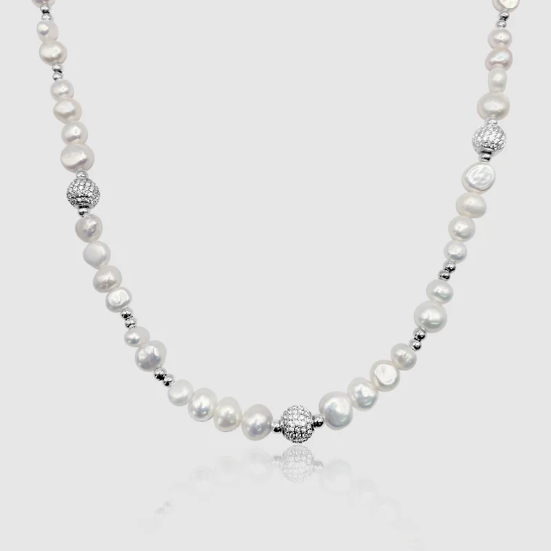 Custom pendant necklace for women-Iced Beaded Real Pearl Necklace (Silver)