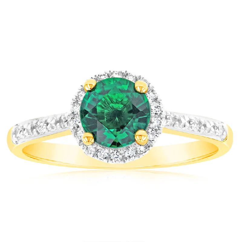 Traditional diamond engagement ring for women-9ct Yellow Gold Created Emerald and Diamond Halo Ring