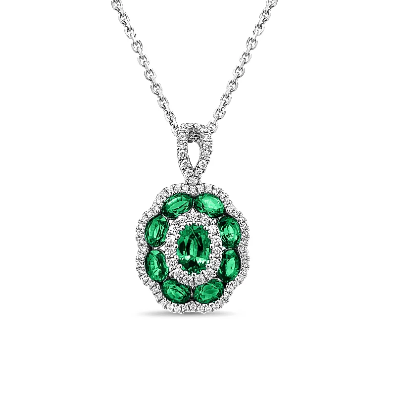 Wedding necklace set for women-Emerald and Diamond Flower Pendant