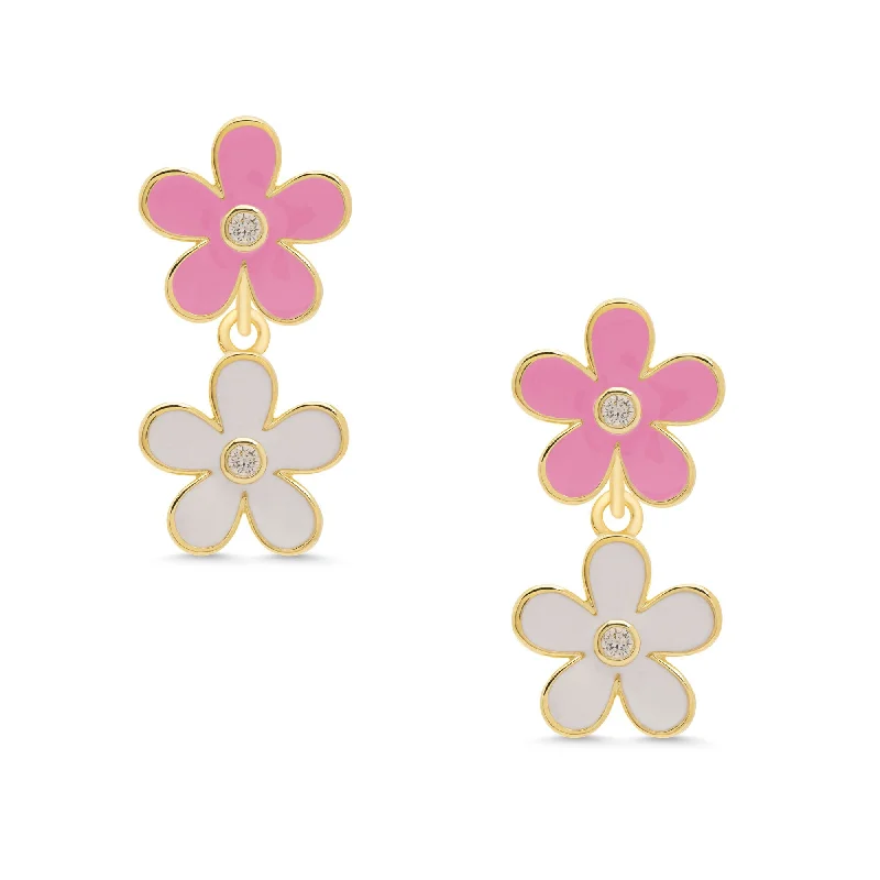 Gemstone hoop earrings for women-Double Flower CZ Dangle Earrings - Pink/White