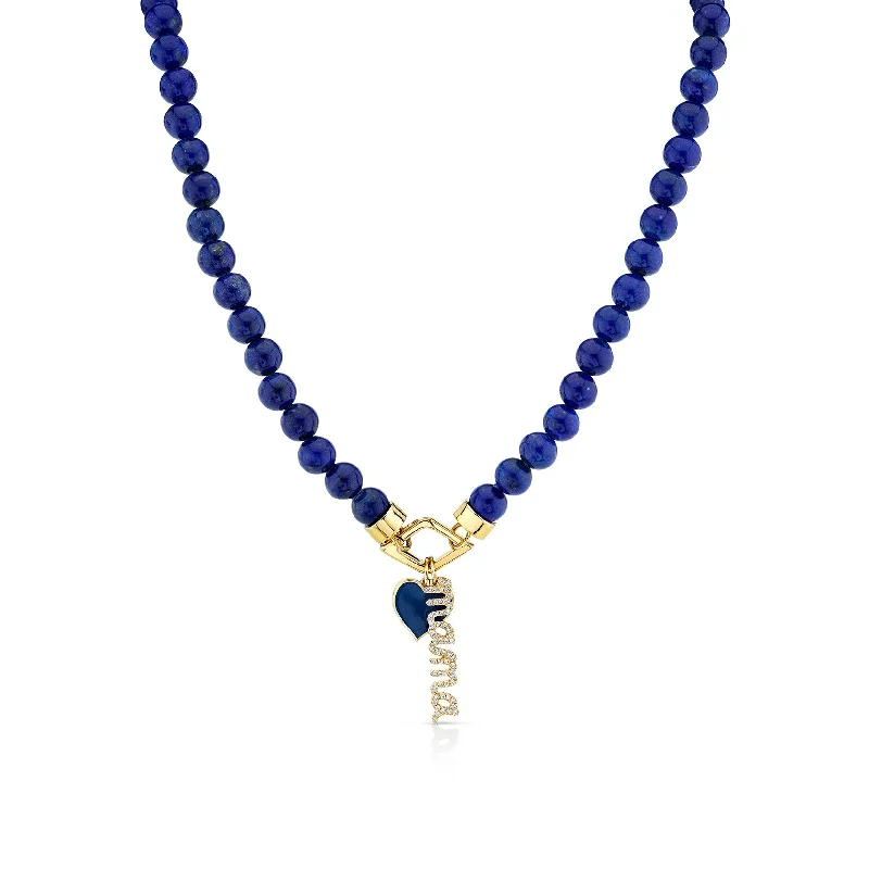 Sapphire necklace for women-Gold & Diamond Mama Heart Lapis Necklace