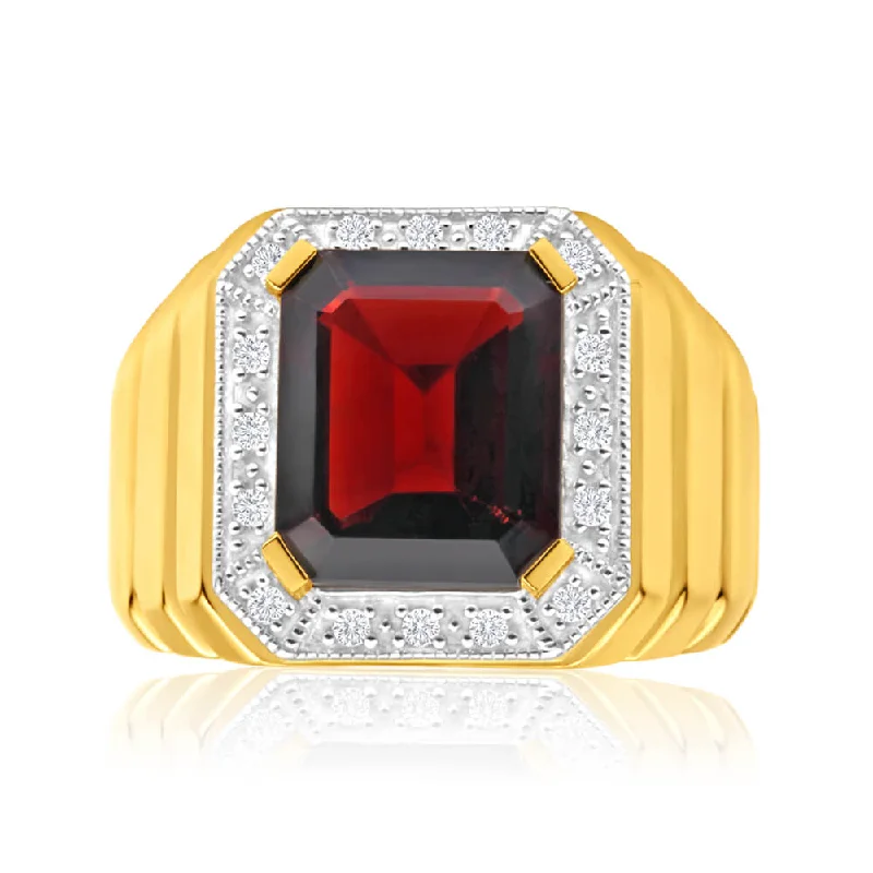 Traditional diamond engagement ring for women-9ct Yellow Gold 12x10mm Emerald Cut Garnet and Diamond Halo Gents Ring