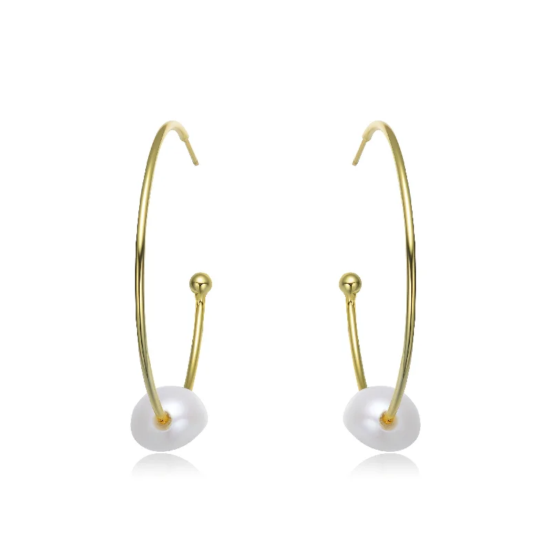 Statement gemstone earrings for women-Brigitte Golden Pearl Thin Hoop Earring