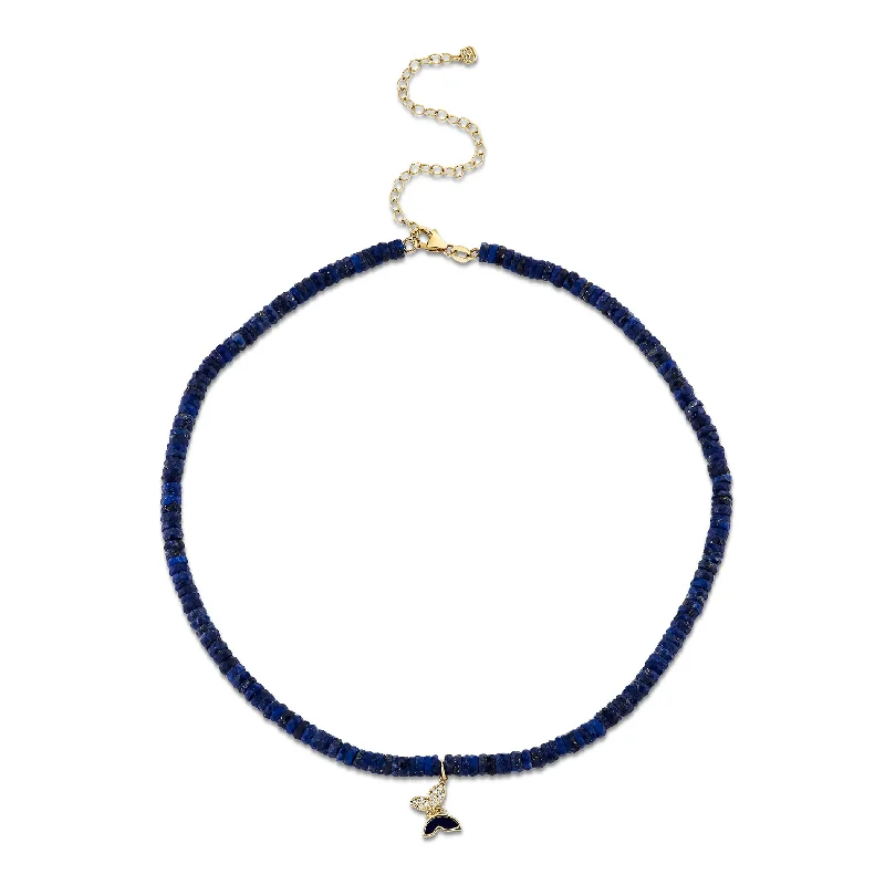 Personalized necklace with charm for women-Gold & Diamond Tiny Butterfly Lapis Heishi Necklace