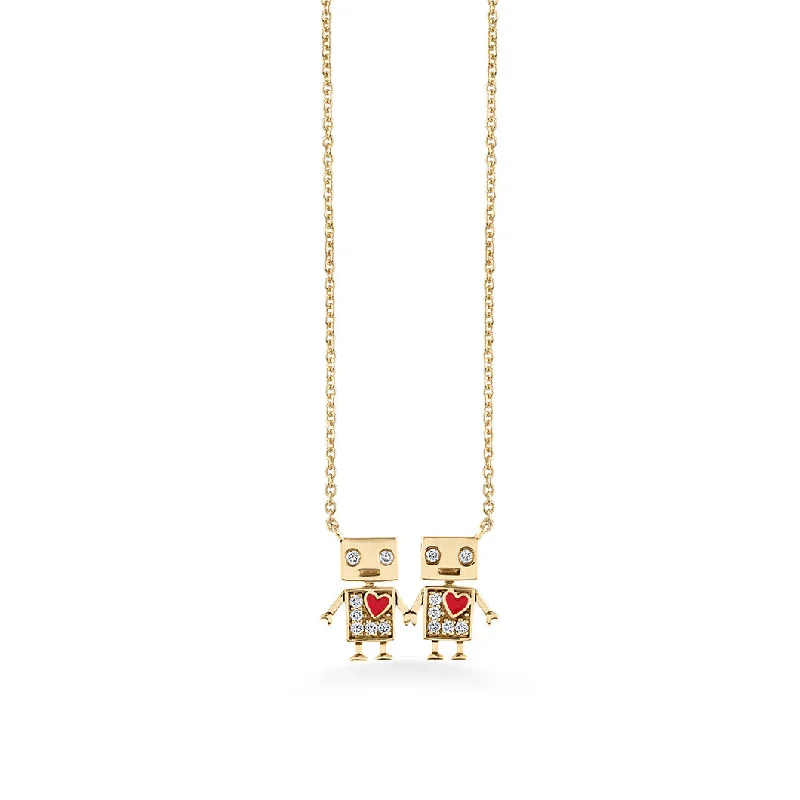 Silver necklace for women-Gold & Diamond Robot Friendship Necklace