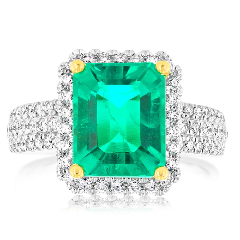 Yellow gold engagement ring for women-Luminesce Lab Grown 9ct Yellow Gold 0.45 Carat Diamond with 3.25ct Created Emerald