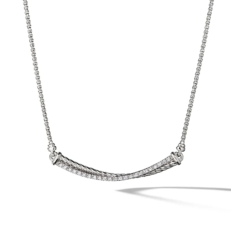 Simple gold necklace for women-Crossover Bar Necklace in Sterling Silver with Diamonds