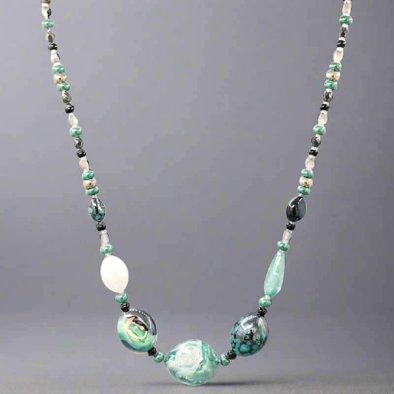 Chain and pendant necklace for women-STST Black, silver & Turquoise green Murano Glass Graduated Beaded Necklace