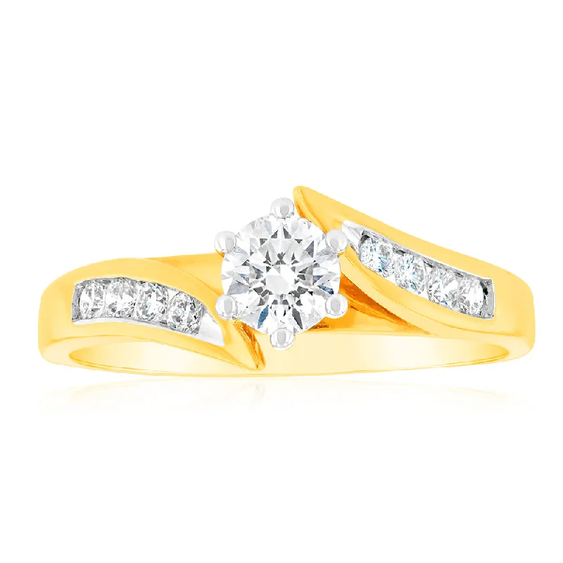 Engagement ring with baguette diamond for women-18ct Yellow Gold Ring With 1/2 Carat 8 Brilliant Cut Diamonds