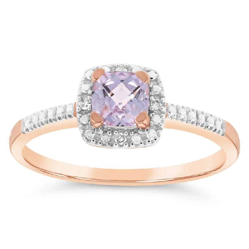 Elegant engagement ring for women-9ct Rose Gold Created Morganite And Diamond Cushion Ring