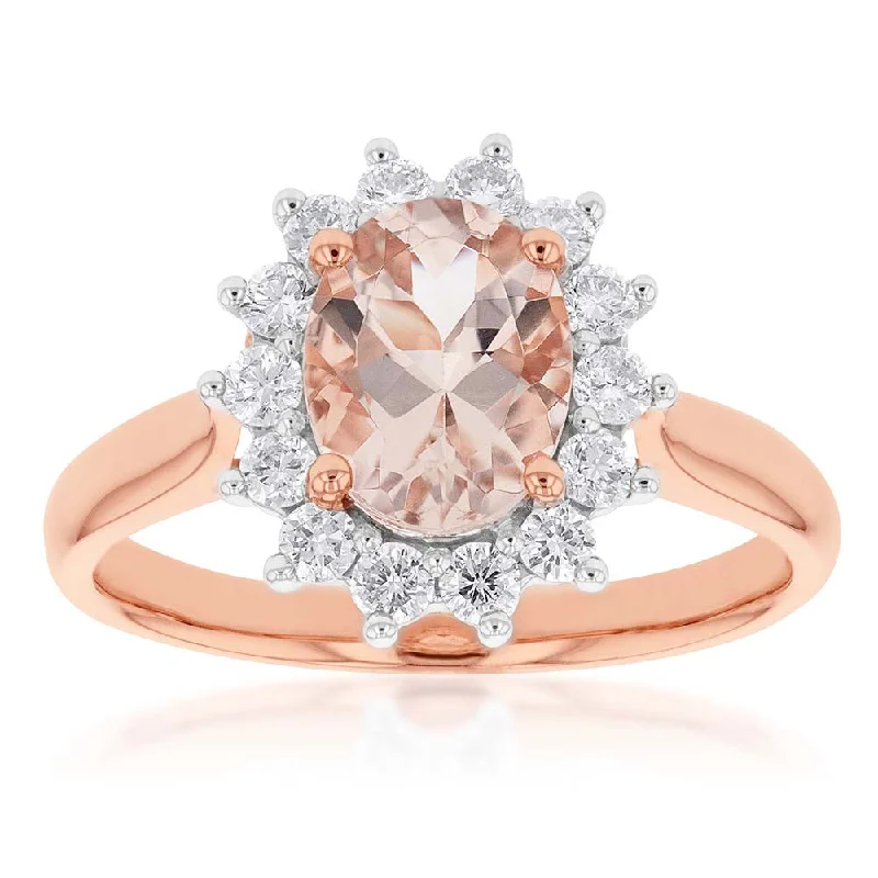 Affordable gold engagement ring for women-9ct Rose Gold 1.50ct Morganite and 0.50ct Diamond Halo Ring