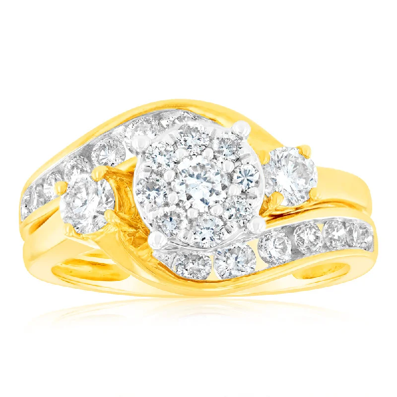 Designer engagement ring for women-9ct Yellow Gold 2 Ring Bridal Set With 25 Diamonds Totalling 1 Carat