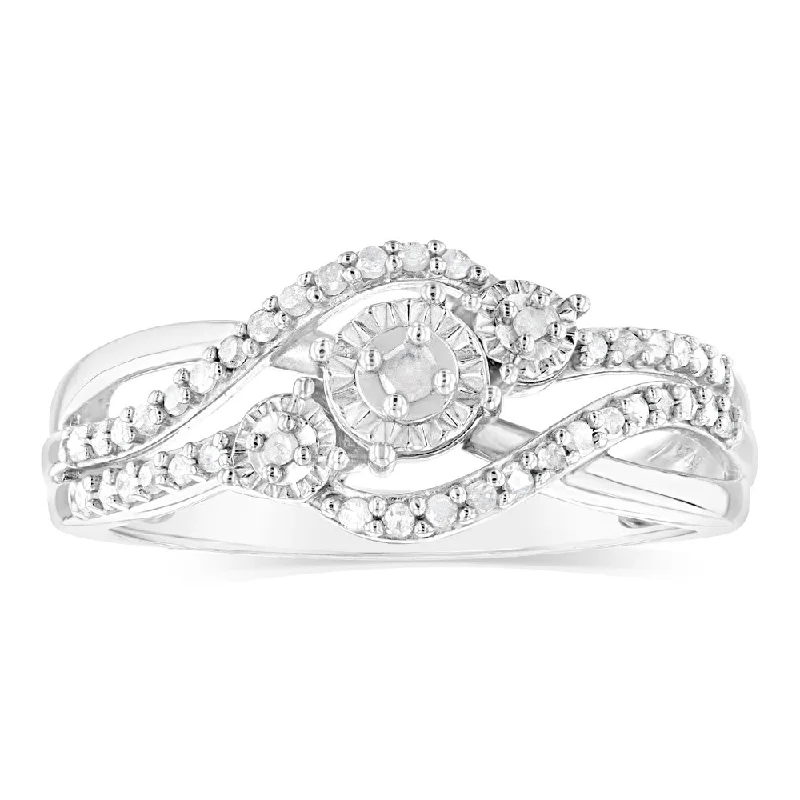 Simple engagement ring for women-Sterling Silver 1/5 Carat Diamond Wrap Around Trilogy Ring