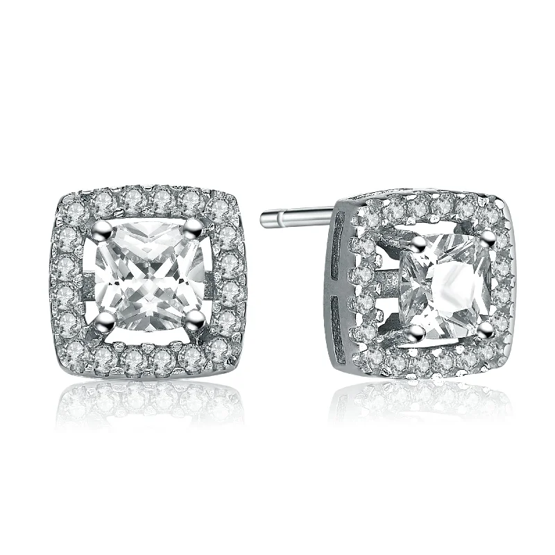 Round stud earrings for women-Sterling Silver Oval Cubic Zirconia Solitaire with Square Halo Last Pair Earrings