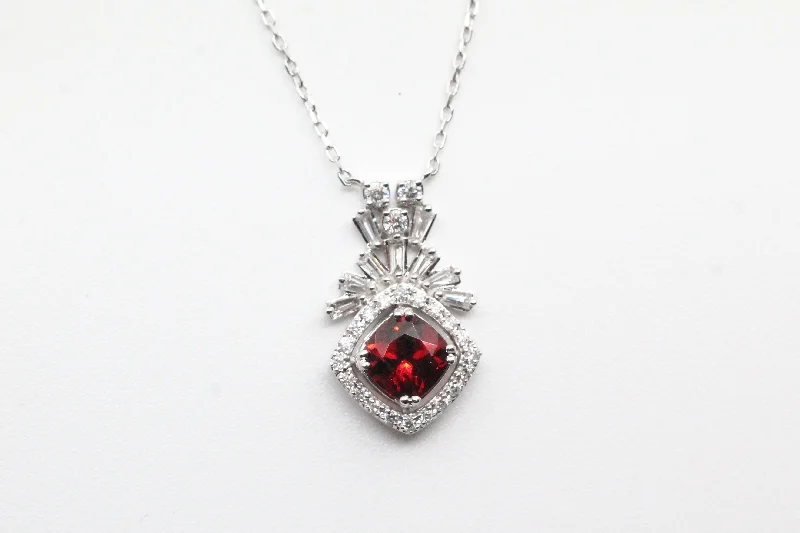 Vintage-inspired necklace for women-White Gold Garnet Art Deco Style Necklace